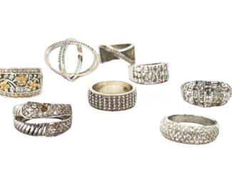 Lot of 8 Sparkling Estate Costume Rings Silver-Tone Pavé Crystal Cable Style