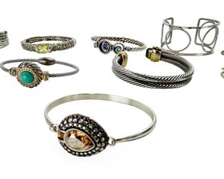 10pc Estate Costume Jewelry Bracelet Lot - Cable Cuffs, Bangles, Agate, 250g