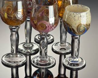 George Averbeck Signed Art Glass Wine Goblets Lot of 6 Fire on the Mountain