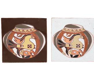 Vintage Arius New Orleans Hand Painted Southwest Bird Art Tiles - Pair 10x10