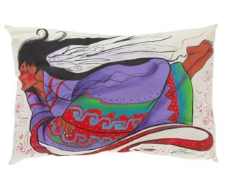Original Signed S. Lopez Hand-Painted Textile Pillow Art - Flying Figure