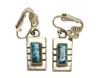 Vintage Native American Turquoise Sterling Silver Modernist Clip-On Earrings