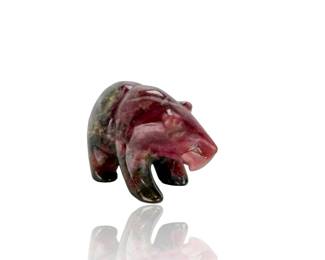 Hand-Carved Rhodonite Stone Bear Figurine with Fish, Wildlife Fetish Carving