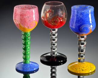 George Averbeck Signed Studio Art Glass Wine Goblets, Fire on the Mountain (3)