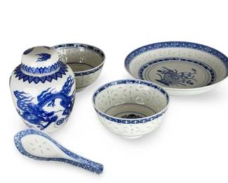 Chinese Blue & White Porcelain Dragon Ginger Jar & Rice Grain Tableware - 6 Pcs