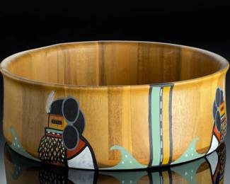 Signed Native American Style Hand-Painted Wooden Bowl - Kachina Motif 12"