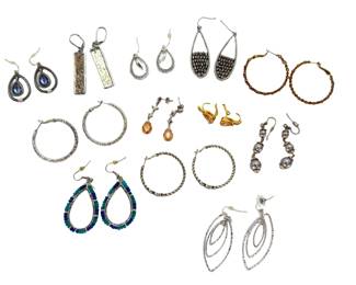 12 Pairs Estate Costume Jewelry Earrings Lot Hoops Pearls Rhinestones