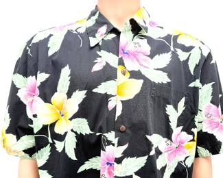 Vintage Pineapple Juice Hawaiian Shirt Men's Large Black Hibiscus Rayon Aloha