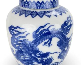 Chinese Blue & White Porcelain Dragon Ginger Jar & Rice Grain Tableware - 6 Pcs