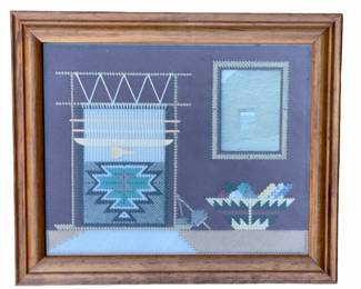 Vintage Navajo Loom Scene Yarn Art Framed Southwest Mixed Media Fiber Painting