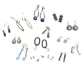 15 Pairs Estate Costume Earrings Lot - Crystals, Amethyst Style, Silver Tone
