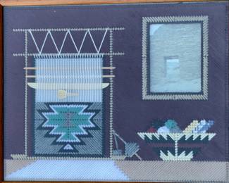 Vintage Navajo Loom Scene Yarn Art Framed Southwest Mixed Media Fiber Painting