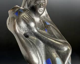 Mid-Century Modern Blackware Ceramic Female Water Bearer Sculpture - 15"