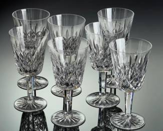 Set of 8 Waterford Lismore Crystal Water Goblets, Irish Hand-Cut Glass