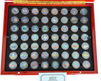 56-Pc Colorized US State & Territory Quarter Collection, Wooden Display Case