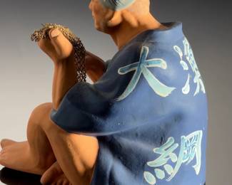 Vintage Sato Hakata Doll Japanese Ceramic Fisherman Figurine with Net