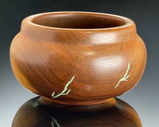 Signed Studio Art Hand-Turned Walnut Wood Bowl with Turquoise Inlay, 2015