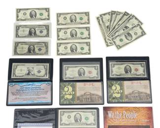 US Currency Collector Lot: Uncut $2 Sheet, Red Seals, Silver Certificates