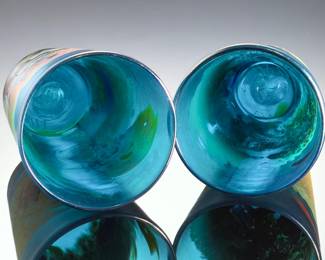 Pair of Lotton Signed Studio Art Glass Iridescent Tumblers, Dated 2012