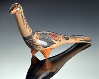 Vintage Mexican Tonala Burnished Clay Bird Figurine, Hand-Painted Folk Art