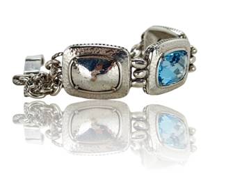Brighton Hammered Silver-Tone Link Bracelet with Blue Faceted Crystal, 7.25"