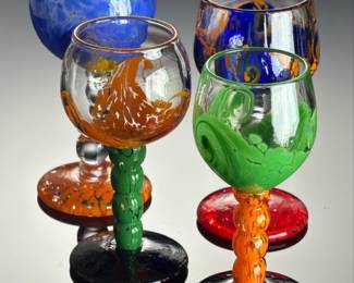 George Averbeck Signed Studio Art Glass Wine Goblets Fire on the Mountain
