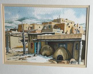 Norma Gibson Winter at Taos Pueblo NM Original Southwest Watercolor Painting
