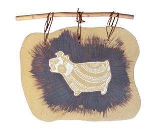 Primitive Sgraffito Ceramic Pig Wall Plaque Folk Art Rustic Hanging Sign