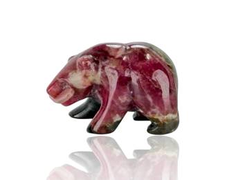 Hand-Carved Rhodonite Stone Bear Figurine with Fish, Wildlife Fetish Carving