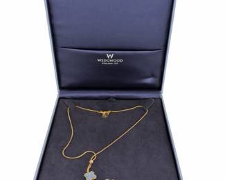 Wedgwood Blue Jasperware Gold-Plated Flower Drop Lariat Necklace Boxed