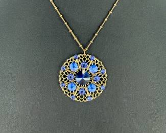 Anne Koplik Designs Blue Crystal Filigree Pendant Necklace Vintage Style