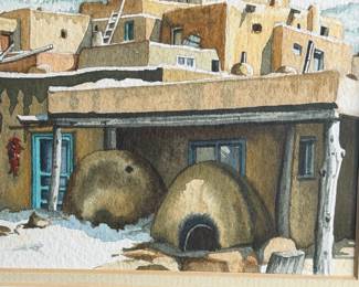 Norma Gibson Winter at Taos Pueblo NM Original Southwest Watercolor Painting