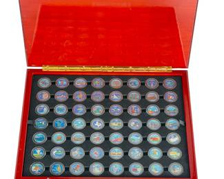 56-Pc Colorized US State & Territory Quarter Collection, Wooden Display Case
