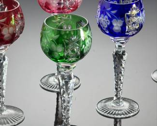 Ajka Crystal Marsala Cut to Clear Multi-Color Cordial Glasses - Set of 6