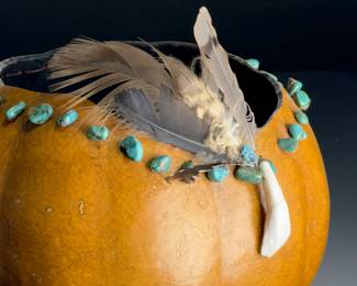 Southwest Hand-Carved Gourd Art Bowl with Turquoise, Feathers & Elk Tooth