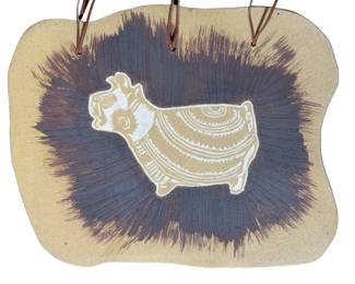 Primitive Sgraffito Ceramic Pig Wall Plaque Folk Art Rustic Hanging Sign