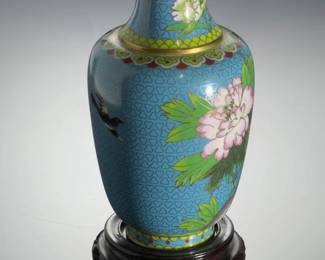 Vintage Chinese Cloisonne Enamel Peony & Bird Vase with Carved Wood Stand