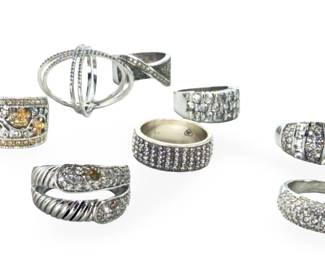 Lot of 8 Sparkling Estate Costume Rings Silver-Tone Pavé Crystal Cable Style