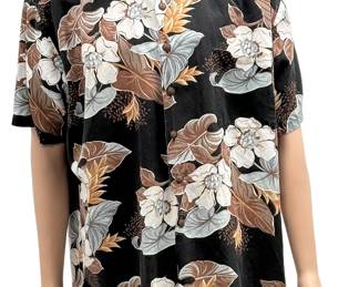 Kahala Vintage Hawaiian Aloha Shirt Size L Black Floral Rayon Cotton Linen