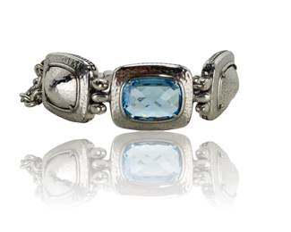 Brighton Hammered Silver-Tone Link Bracelet with Blue Faceted Crystal, 7.25"