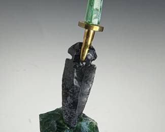 Artisanal Obsidian Arrowhead & Green Glass Dagger Sculpture in Glass Dome