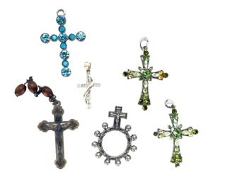 10pc Vintage Costume Jewelry Cross Pendants Lot - Rhinestone, Crucifix, Rosary