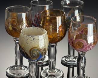 George Averbeck Signed Art Glass Wine Goblets Lot of 6 Fire on the Mountain