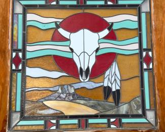 Southwest Stained Glass Window Panel - Large Western Steer Cow Skull Art