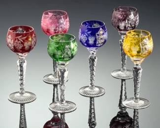 Ajka Crystal Marsala Cut to Clear Multi-Color Cordial Glasses - Set of 6