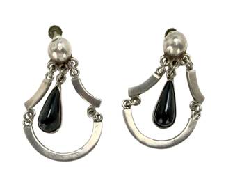 Vintage Mexican Sterling Silver Black Onyx Drop Screw Back Earrings 13.5g