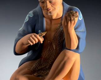 Vintage Sato Hakata Doll Japanese Ceramic Fisherman Figurine with Net