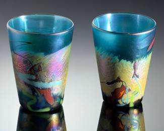 Pair of Lotton Signed Studio Art Glass Iridescent Tumblers, Dated 2012