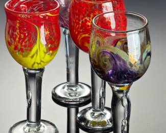 4 George Averbeck Signed Studio Art Glass Wine Goblets Fire on the Mountain AZ