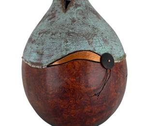 Kristy Dial Signed Fine Gourd Art Vessel Patina & Gold Mixed Media Sculpture